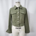 Detail view of army green cropped denim jacket with lapel collar and flap pockets - S / Army Green