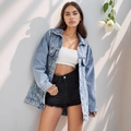 Women's light blue distressed oversized denim jacket with vintage wash and lapel collar - XS / Blue