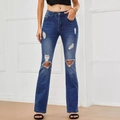 Jeans a zampa elasticizzati a vita alta da donna in blu medio con dettagli strappati - XS / Blu