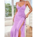 Sexy fliederfarbenes Netz-Trägerkleid mit Schmetterlingsspitze und hohem Beinschlitz - S / Lila