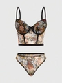 Detailsicht des geblümten Korsett-Tops mit Spitzenbesatz und passendem Mesh-Slip-Set - S / Regenbogen