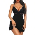 Sexy zwart nachthemd met kantwerk voor dames met diepe V-hals en slanke pasvorm - S / Zwart