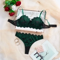 Set lingerie sexy in pizzo floreale nero e verde con reggiseno con ferretto e perizoma - S / Verde Scuro