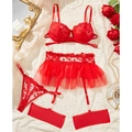 Rode lingerie set met hartjesborduurwerk inclusief bh jarretel en beenriemen - S / Rood