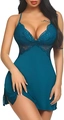 Elegant teal nightgown with delicate lace patchwork and smooth satin texture for women - S / Green