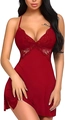 Elegant donkerrood kanten nachthemd met V-hals en zijdeachtige splitrok - S / Rood