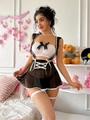 Dettaglio completo intimo sexy stile cameriera con top a balze, minigonna e calze a rete - S / Nero & Bianco