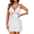 Sexy white slim fit lace nightgown with V-neckline and sheer hollow side panels - S / White