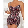 Robe courte fleurie noire à dos nu, détails froncés et fines bretelles spaghetti - S / Noir Imprimé