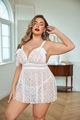 Detail of white lace trim and heart mesh fabric on this plus size lingerie chemise - 1XL / White