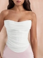 White mesh corset top with pleated design and vintage boning detail for women - White