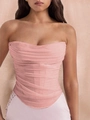 Light pink mesh corset top with boning structure and tiered ruffle details - Pink