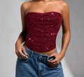 Slim fit burgundy tube top with sparkling silver sequins and pleated fabric details - Red