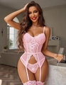 Detailed close-up of pink lace lingerie with sheer mesh and floral embroidery details - S / Top And Bottom / Pink