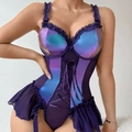 Body corsé de espina de pez morado iridiscente con encaje y detalles de cordones - S / Morado