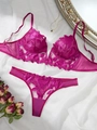 Détails exquis de broderie en dentelle rose rouge et résille sur cet ensemble de soutien-gorge - S / Rose Rouge