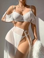 Detail of white mesh three-piece lingerie set with metal ring links and sheer texture - S / White