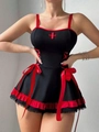 Dettaglio lingerie sexy da infermiera con motivo a croce rossa e lacci corsetto - S / Nero
