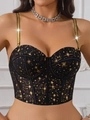 Detail of black corset top with gold glitter stars, boning structure and thin straps - XS / Black Starry