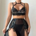 Completo lingerie sexy in pizzo nero con reggiseno a catena e gonna a rete spaccata - S / Nero