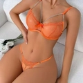 Conjunto de lencería de encaje naranja con tirantes de cadena metálica y lazos de raso - S / Naranja