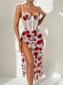 Dettaglio del top a corsetto floreale e gonna con spacco e motivi di rose rosse - S / Rosa Rossa