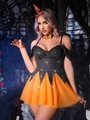 Dettaglio del costume da strega arancione e nero con gonna a rete e mini cappello a punta - S / Nero/Arancione