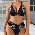 Set lingerie bikini nero due pezzi con stampa animalier ed elastici con scritta LOVE - S / Nero