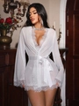 Peignoir blanc en dentelle transparente avec cils et ceinture satinée en intérieur - S / Blanc
