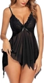 Nuisette sexy noire en dentelle et mesh avec décolleté en V et petit nœud - S / Noir