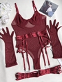 Detail von burgunderrotem Netz-Bodysuit-Lingerie-Set mit Handschuhen und Strumpfhaltern - S / Burgunderrot