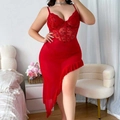 Abito da lingerie sexy in pizzo floreale rosso con orlo asimmetrico in rete velata - 1XL / Rosso