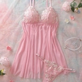 Conjunto de lencería de malla rosa con bordado floral y tanga a juego para mujer - S / Rosa