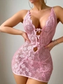 Dettaglio di camicia da notte in pizzo rosa con scollo a V e fiocchi di seta - S / Rosa