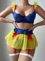 Dettaglio pizzo su reggiseno blu con fiocco rosso del set lingerie Biancaneve - S / Blu