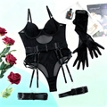 Black mesh bodysuit set with leather straps, long gloves and matching leg garters - Black