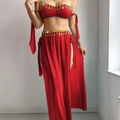 Two-piece red dance costume featuring gold sequin fringes and high-slit long skirt - S / Red