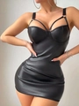 Detail of black faux leather mini dress with cross strap design and metal ring accents - S / Black