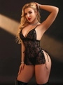 Detailed close-up of floral lace lingerie with deep V-neck and side drawstring ribbons - S / Black