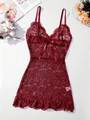 Elegant wine red lace babydoll sleepwear featuring a delicate bow and floral patterns - XL / Burgundy