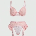 Ensemble lingerie rose à cœurs avec soutien-gorge dentelle, porte-jarretelles et string - S / Rose