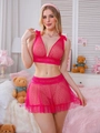 Dettaglio di lingerie rosa in mesh trasparente a pois con rifiniture in pizzo fine - S / Rosa Rosso