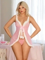 Nahaufnahme von pinkem Polka-Dot-Lingerie-Set mit weißem Kunstpelzbesatz und Schleife - S / Rosa