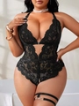 Dettaglio di lingerie in pizzo floreale con scollo a V profondo e tagli in vita neri - 1XL / Nero
