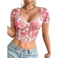 Top corto bustier a fiori con maniche a sbuffo e fiocco bianco decorativo per donna - S / Rosa