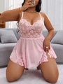 Dettaglio di pizzo floreale rosa e rete trasparente su una camicia da notte sexy babydoll - 1XL / Rosa