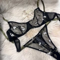 Ensemble lingerie en tulle noir transparent avec broderies marguerites blanches - S / Noir