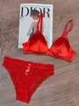 Luxurious red satin wireless triangle bra and lace panty set on wooden background - S / Top And Bottom / Red