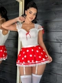 Detail von rot-weiß gepunktetem Rollenspiel-Lingerie-Set mit Spitze und Strapsen - S / Oberteil Und Unterteil