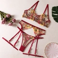 Detailed close-up of red mesh lingerie set with vibrant floral embroidery and lace edges - Burgundy